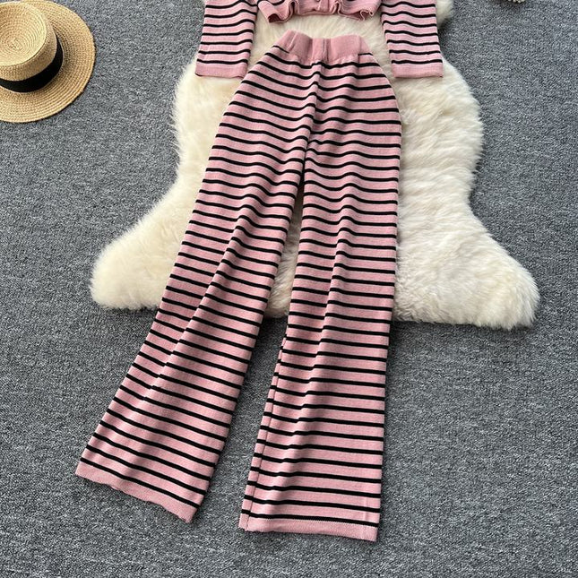 Women's Round Neck Striped Knit Cardigan Sweater Casual Wide Leg Pants Set