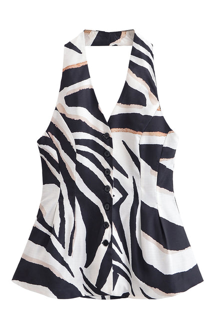 Single Breasted Black White Color Print Back Hollow Out Casual Fashion Halter Vest Waistcoat for Women