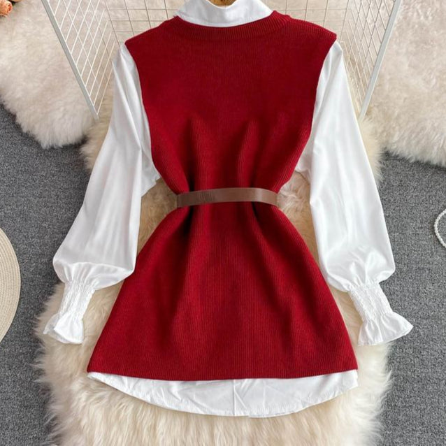Spring Fall New Shirt Tops Female Design Sense Slit Knit Undershirt Blouse Two Piece