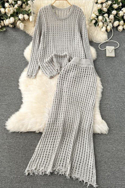 Lazy Style Knitted Suit with Women's Design Sense Hollowed Out Top Versatile Half Skirt Two-piece Set Trendy