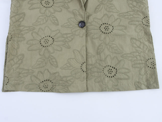 Embroidery Green Color Three Quarter Sleeve Single Buttons Notched Collar Casual Fashion blazer Jacket for Women