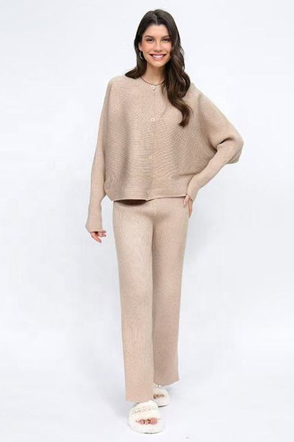 Autumn and Winter Loose Bat Sleeve Knitted Single Breasted Sweater High Waist Wide Leg Pants Knitted Set for Women
