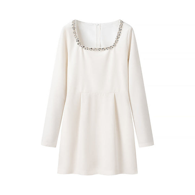 3 Colorway Solid Color square Collar with Beading Long Sleeve Zipper Fly Casual Fashion Mini Dress for Women