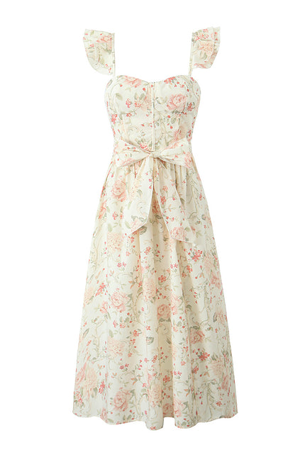 Floral Print Shoulder Strap Front Bow Tie Hot Sale Casual Fashion Summer Long slip Dress for Women
