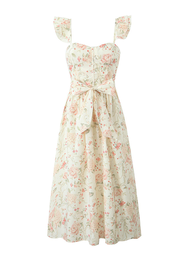 Floral Print Shoulder Strap Front Bow Tie Hot Sale Casual Fashion Summer Long slip Dress for Women
