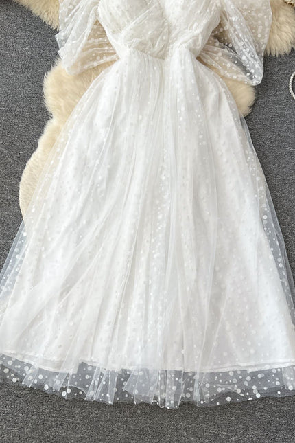 Women's Summer French Light Luxury Small Collection Waist Gauze Shampan Dress White Light Wedding Dress