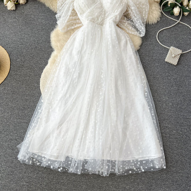 Women's Summer French Light Luxury Small Collection Waist Gauze Shampan Dress White Light Wedding Dress