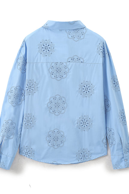 Turn Down Collar Embroidery Blue Color Casual Fashion Tops Blouse for Women