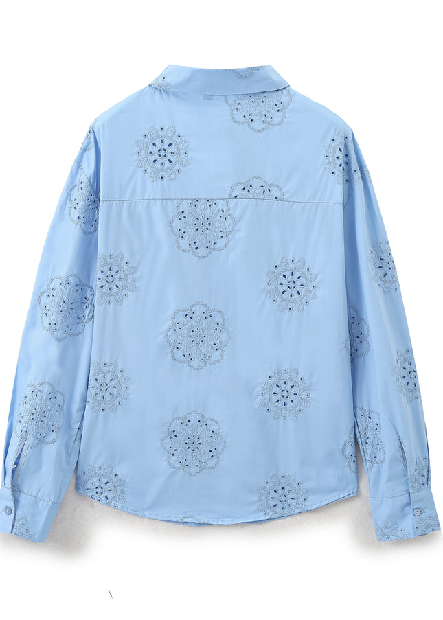 Turn Down Collar Embroidery Blue Color Casual Fashion Tops Blouse for Women
