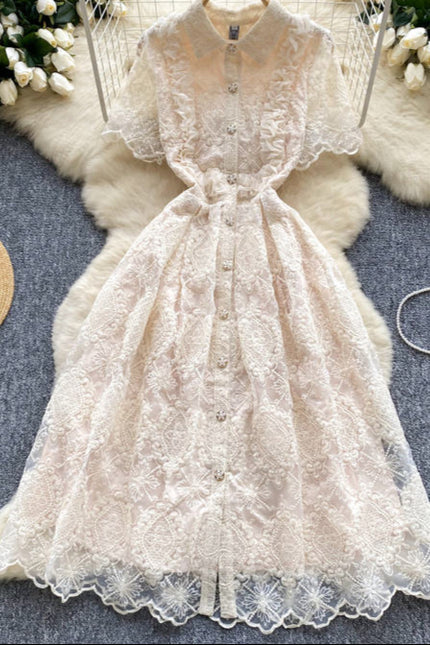 Verão francês Vintage elegante laço bordado lapela vestido vestidos