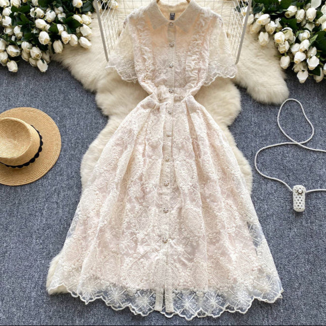 Verão francês Vintage elegante laço bordado lapela vestido vestidos