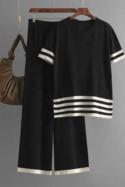 Summer Contrast Stripe Split Short Sleeve Knitwear High Waist Slim Pants Women's Set