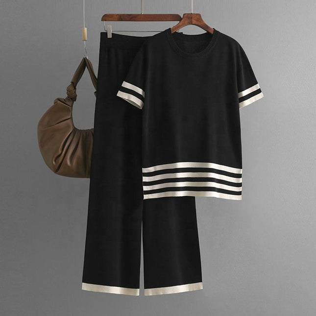 Summer Contrast Stripe Split Short Sleeve Knitwear High Waist Slim Pants Women's Set