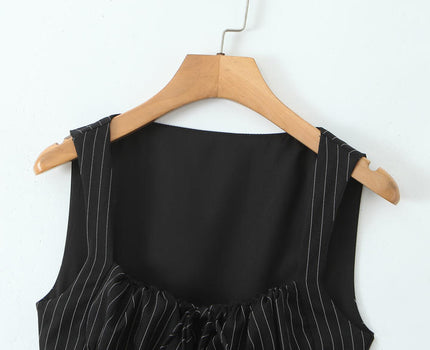 Square Collar Black Color Striped Print Front Lace up Casual Fashion tank Top for Women