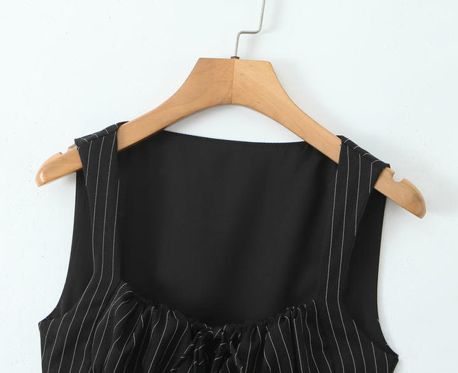 Square Collar Black Color Striped Print Front Lace up Casual Fashion tank Top for Women