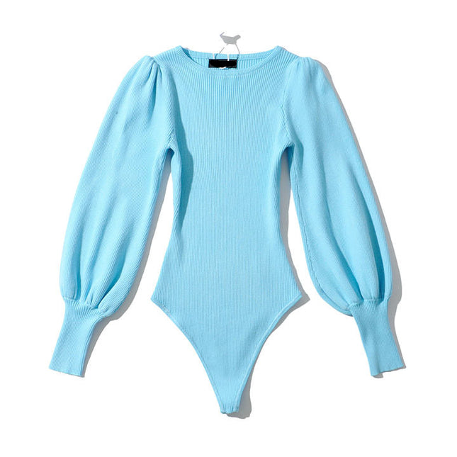 Four Colorway Puff Long Sleeve Knitted Fashion Stretchy Bodycon Casual Bodysuit for Women