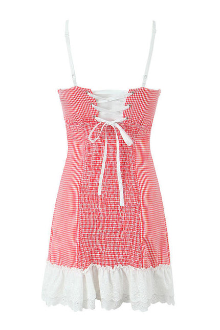 3 Colorway Spaghetti Strap Back Lace up Patchwork Design Casual Fashion Mini slip Dress for Women