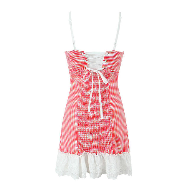 3 Colorway Spaghetti Strap Back Lace up Patchwork Design Casual Fashion Mini slip Dress for Women