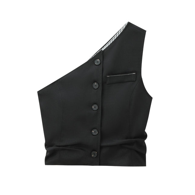 Black Color Buttons up Asymmetrical Design Casual Fashion tank Top for Women