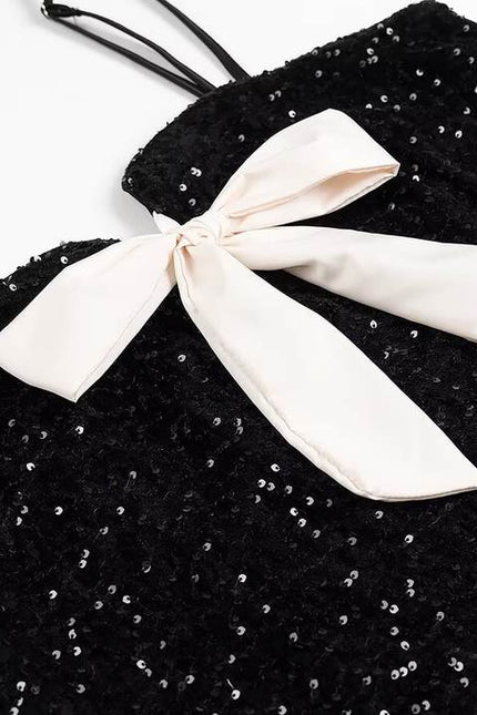 Spaghetti Strap Front Bow Tie Black Color Sequin Casual Fashion Summer Mini Dress for Women