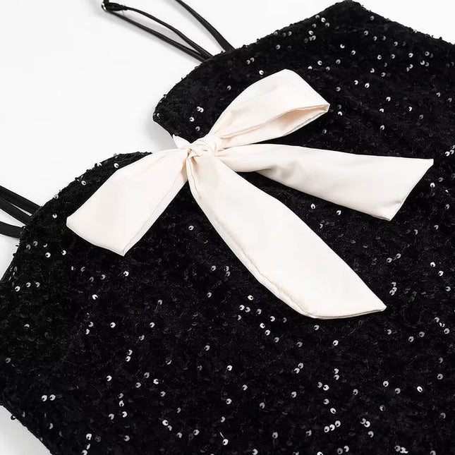 Spaghetti Strap Front Bow Tie Black Color Sequin Casual Fashion Summer Mini Dress for Women