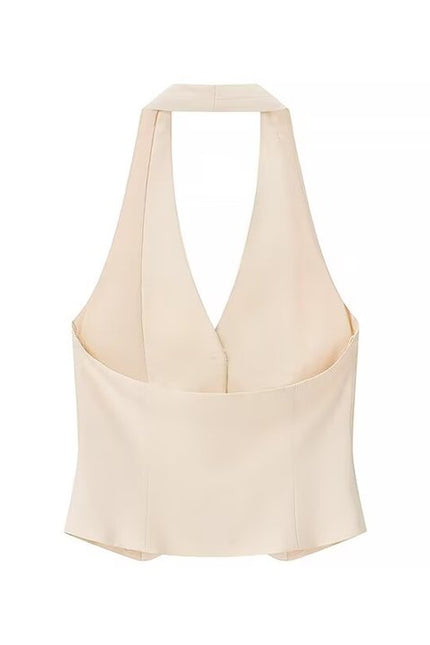 Back Hollow Out Beige Color Buttons up Casual Fashion Crop Halter tank Top for Women