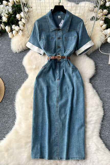 Korean Style Denim Dresses Women'S Summer Split Long Casual Dresses