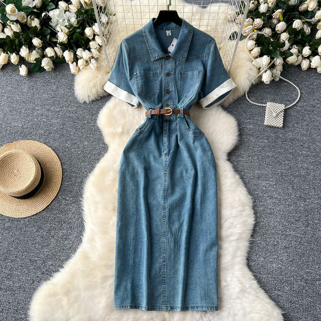 Korean Style Denim Dresses Women'S Summer Split Long Casual Dresses