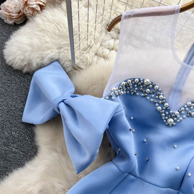 Women's Beads Bow Waist-tight First Love Sheath Fishtail Fairy Dress Female High Street Blue Dress