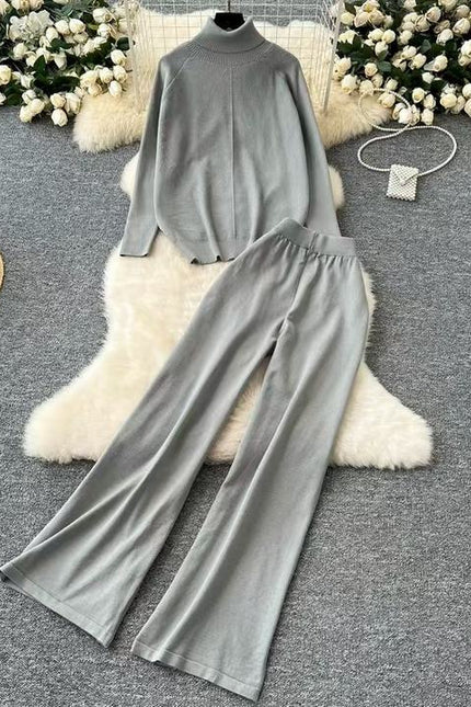 High Neck Sweater Women Versatile Autumn and Winter Lazy Style Long Sleeved Sweater High Waist Wide Leg Long Pants Two-piece Set