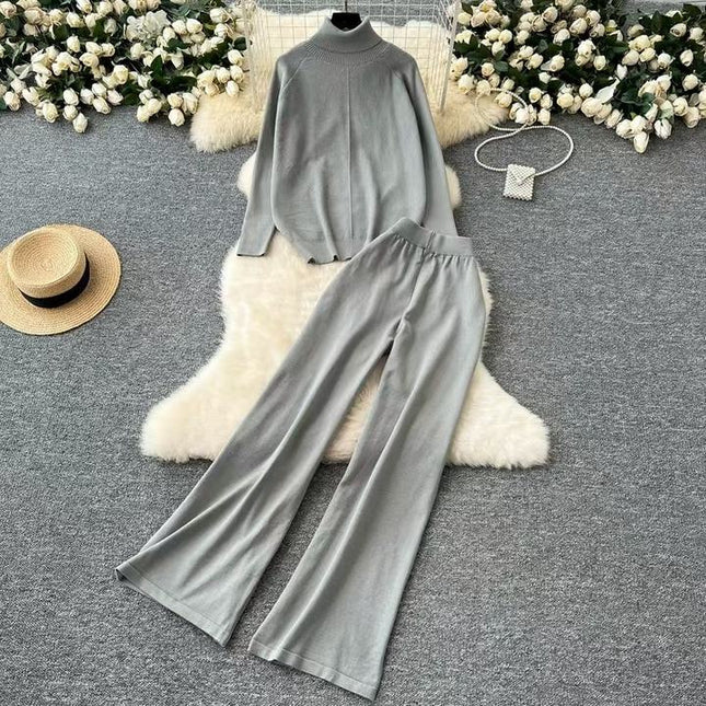 High Neck Sweater Women Versatile Autumn and Winter Lazy Style Long Sleeved Sweater High Waist Wide Leg Long Pants Two-piece Set