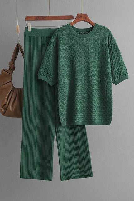 Summer New Solid Color Hollow Casual Round Neck Fashion Suit Short Sleeve Trousers Knit Two-piece Set