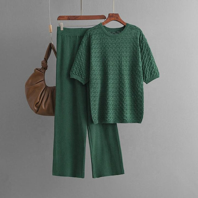 Summer New Solid Color Hollow Casual Round Neck Fashion Suit Short Sleeve Trousers Knit Two-piece Set
