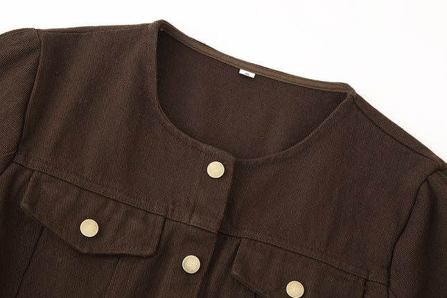 Crew Neck Single Breasted Long Sleeve Brown Color Hot Sale Casual Fashion Jeans Tops Blouse for Women