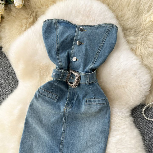 Sleeveless Sheath Women Summer New American Tight Split Denim Dresses