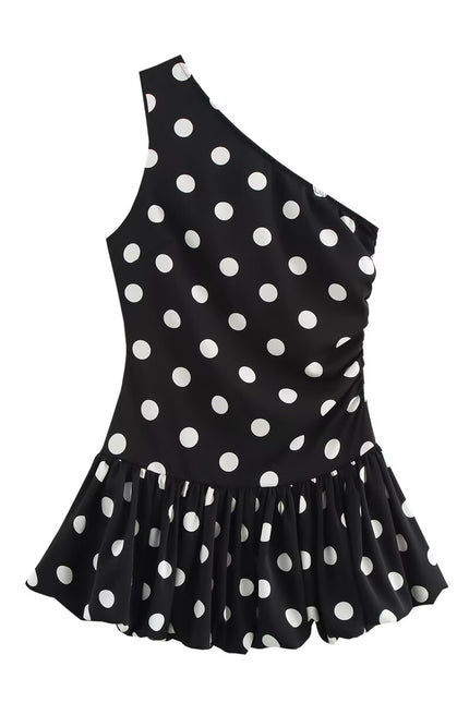 Asymmetrical Design Black White Color Polka Dot Print Casual Fashion Summer Mini Dress for Women