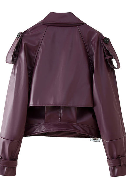 Turn Down Collar Purple Color Long Sleeve Front Buckle Casual Fashion Leather Motorcycle Jacket for Women