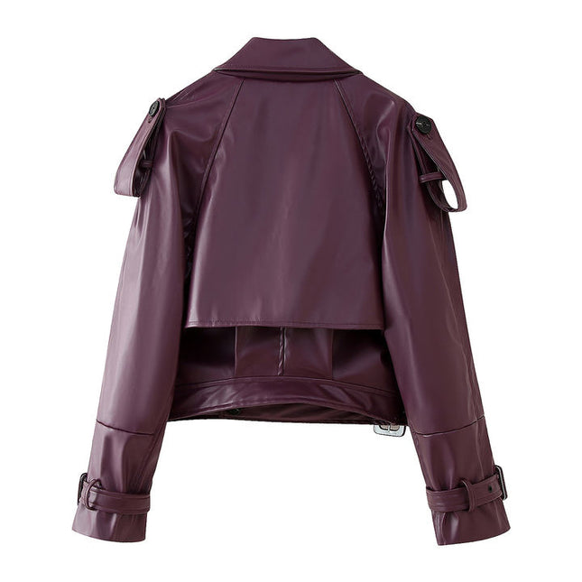 Turn Down Collar Purple Color Long Sleeve Front Buckle Casual Fashion Leather Motorcycle Jacket for Women