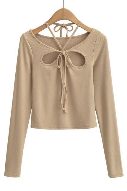 4 Colorway Front Hollow Out Long Sleeve Crew Neck Knitted Casual Fashion Women t Shirt