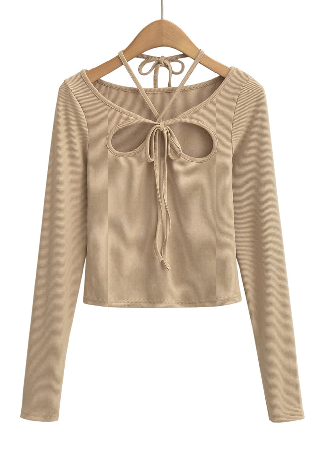 4 Colorway Front Hollow Out Long Sleeve Crew Neck Knitted Casual Fashion Women t Shirt