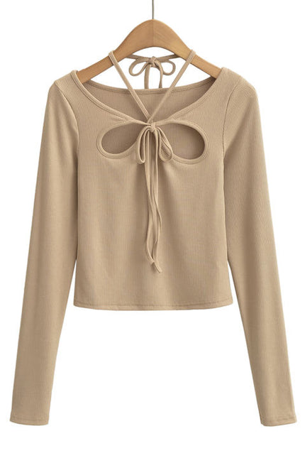 4 Colorway Front Hollow Out Long Sleeve Crew Neck Knitted Casual Fashion Women t Shirt
