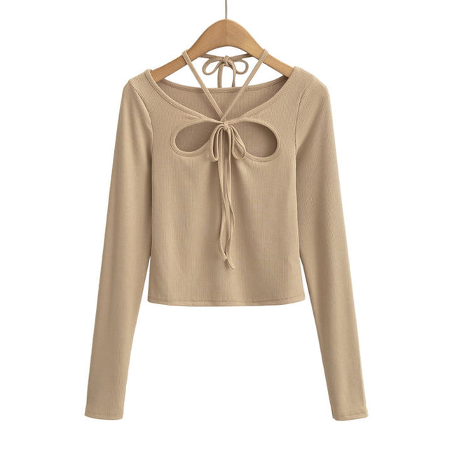 4 Colorway Front Hollow Out Long Sleeve Crew Neck Knitted Casual Fashion Women t Shirt