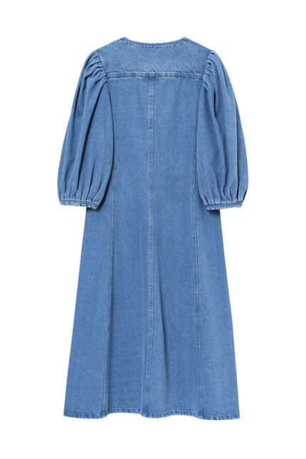 Crew Neck Long Sleeve Denim Blue Color Hot Sale Casual Fashion Long Jeans Dress for Women