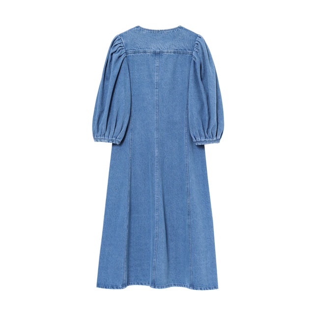 Crew Neck Long Sleeve Denim Blue Color Hot Sale Casual Fashion Long Jeans Dress for Women