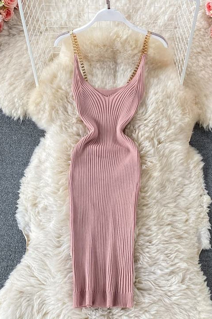 2024 Verão Novo Temperamento Sexy Malha Cadeia Halter Vest Slim Vestidos Apertados