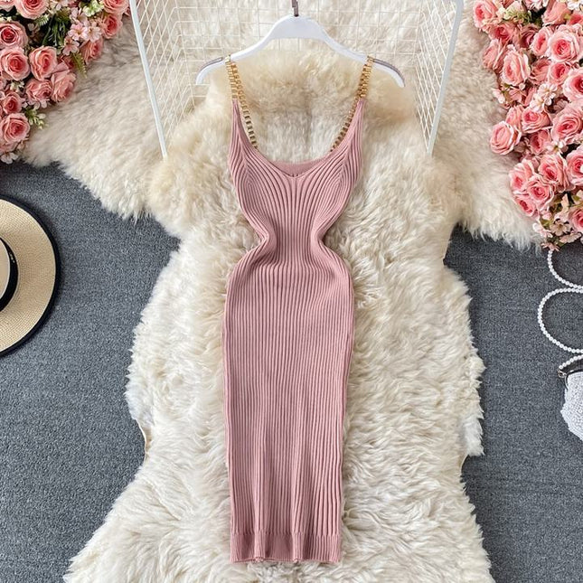 2024 Verão Novo Temperamento Sexy Malha Cadeia Halter Vest Slim Vestidos Apertados