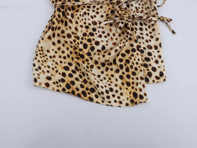 Animal Print Multi Color Side Slit Sashes Spaghetti Strap Casual Fashion Tops Blouses for Women