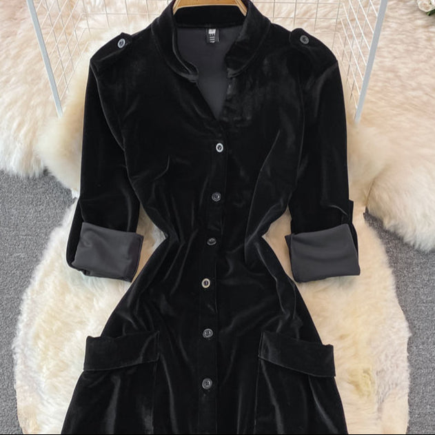 French Vintage Single-Breasted Velvet Cardigan Dress Fall and Winter Fashion Long Dresses