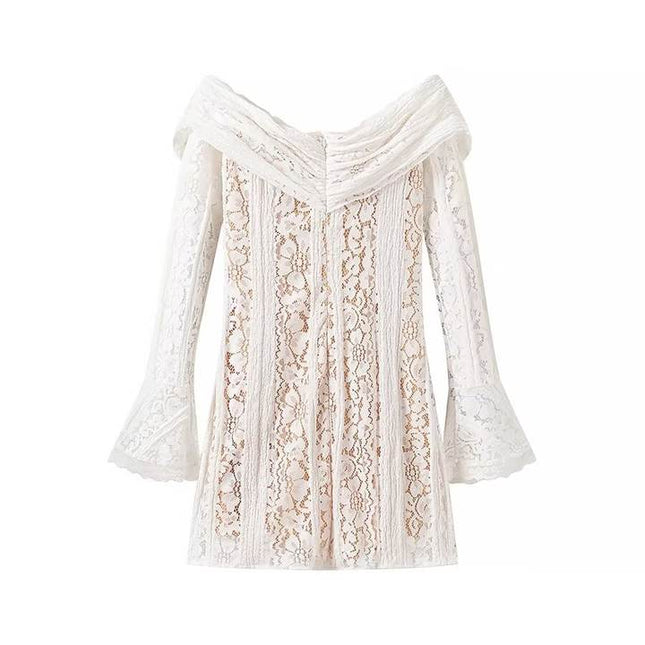 Slash Neck White Color Long Sleeve Front Lace up Floral Lace Casual Fashion Mini Dress for Women