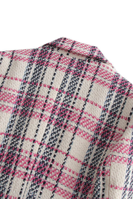 Double Breasted Plaid Pattern Long Sleeve Notched Collar Casual Tweed blazer for Women